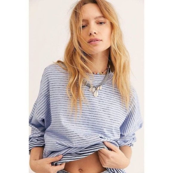 Free People Be Free Blue Striped Long Sleeve Tunic In Chamray Combo size M - Picture 4 of 11